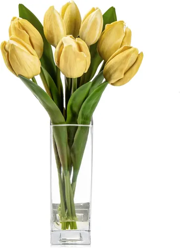 Vista 13 de Briful Flores Artificiales Flor de Tulipán Artificial Blanca en Jarrón Transparente, Arreglo de Tulipanes de Espuma de Tacto Real Adecuado