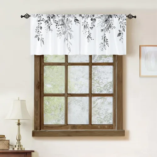 Vista 6 de Cortina de eucalipto negro y gris, cenefa para tratamiento de ventana, estilo bohemio, rústico, floral, bolsillo para barra, cortinas de ventana