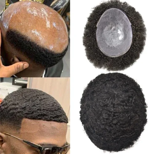 Vista 13 de Afro Toupee para hombres negros, sistema de reemplazo de cabello humano brasileño para hombres afroamericanos africanos afroamericanos, piezas