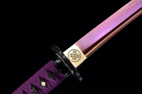 Vista 6 de Espada Katana Samurai japonesa púrpura noble 1095 acero al carbono Sakura grabado Saya