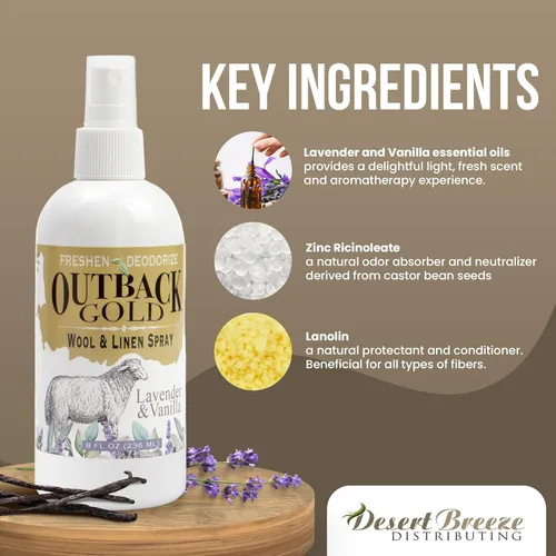 Vista 3 de Outback Gold - Spray de lino y ambientador de tela, spray natural para lana y lino, aroma de lavanda y vainilla, aceites esenciales, desodorante