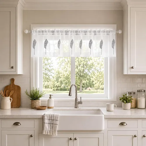 Vista 12 de VOGOL Juego de cortinas transparentes bordadas y cenefas para sala de estar, con bolsillo para barra blanca, par de cortinas traslúcidas