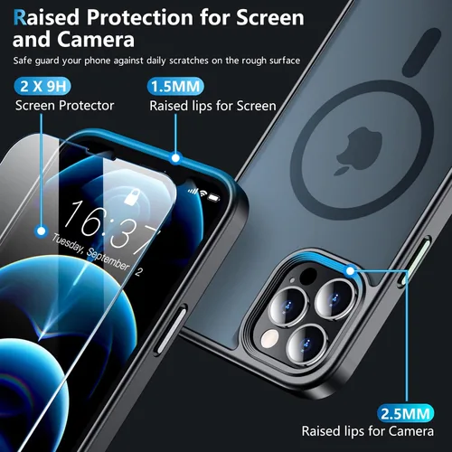 Vista 4 de Funda magnética para iPhone 12 Pro Max, [compatible con MagSafe] [2 protectores de pantalla de vidrio templado] [mate translúcido] Funda de grado