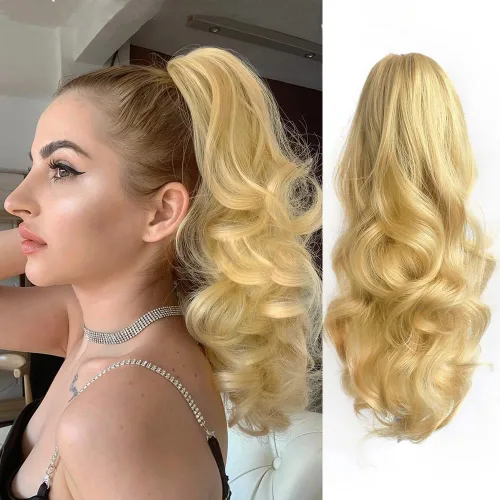 Vista 27 de Extensión de cola de caballo de garra negra natural ondulada de 16 pulgadas, extensiones de cabello sintético rizado con clip, extensiones