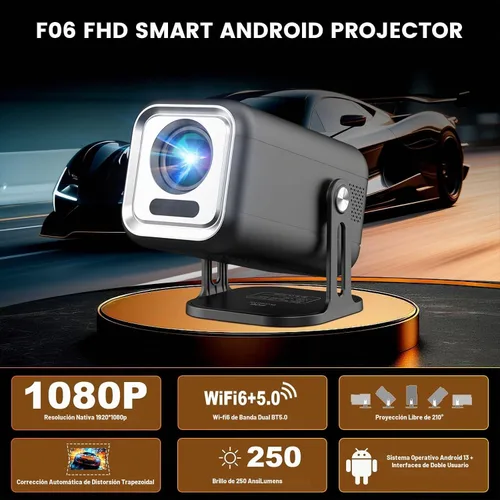 Vista 3 de Mini proyector con WiFi y Bluetooth, soporte para proyector portátil 4k 1080P HD, 250 ANSI, corrección trapezoidal automática, giratorio 180°