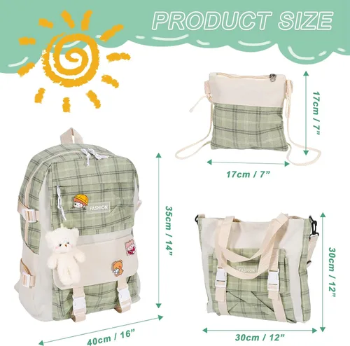 Vista 2 de Juego de 5 mochilas escolares de lona con colgante de oso kawaii, lindos alfileres a cuadros, asa a cuadros, bolsa de hombro