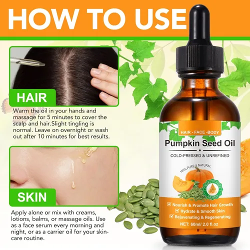 Vista 8 de Aceite de semilla de calabaza para el crecimiento del cabello, aceite de calabaza 100% puro prensado en frío para cabello seco dañado, hidratante