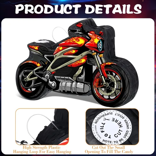 Vista 2 de Shappy Piñata de motocicleta 3D Dirt Bike Piñata con palo para los ojos vendados, decoración de cumpleaños de motocicleta roja, decoración de fiesta
