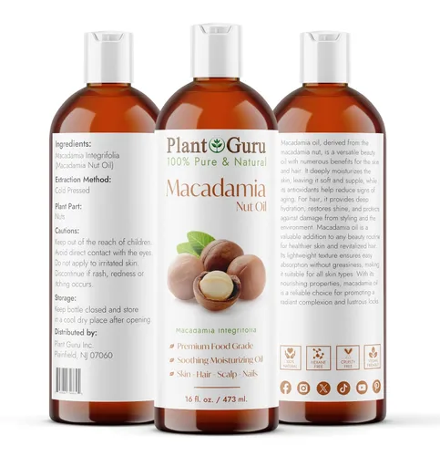 Vista 2 de Plant Guru Aceite de nuez de macadamia, 16 onzas líquidas, prensado en frío, 100% puro, natural, hidratante para piel, cara, cuerpo y cabello. Ideal