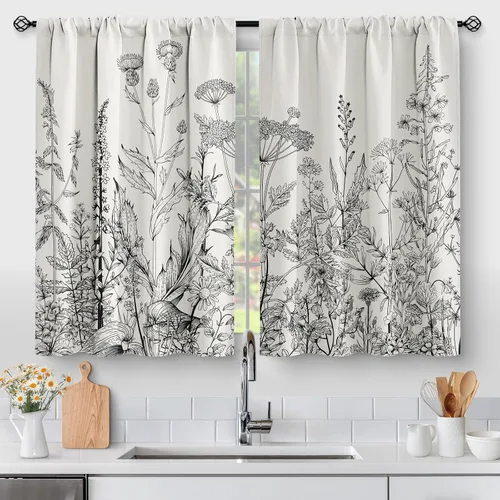 Vista 12 de Aimego - Cortinas de cocina con plantas rústicas y flores de primavera, botánicas, con hojas verdes, cortas, para cafetería, baño, con bolsillo