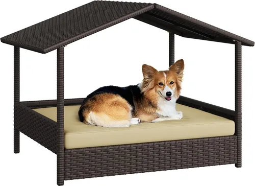 Vista 10 de Yaheetech - Casa de mimbre para perros con toldo, color negro y gris Cama elevada para perros con cojín para perros pequeños/medianos, sombra