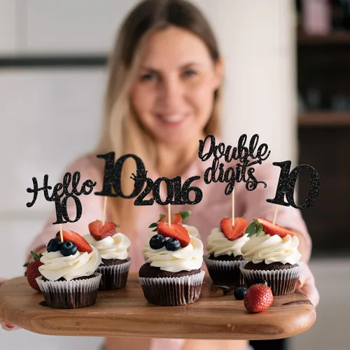 Vista 6 de Gyufise Paquete de 24 adornos negros para cupcakes de 10.º cumpleaños con purpurina negra 10 Ten Hello 10 Dights dobles desde 2015 para decoraciones