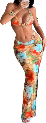Vista 16 de WDIRARA Conjunto de bikini para mujer de 3 piezas, estampado floral halter con anillos, leopardo, traje de baño con falda de playa Varios
