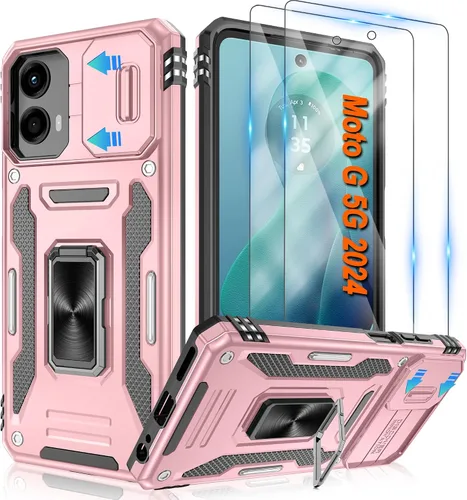 Vista 100 de Atump Funda para Motorola Moto G Play 2024 (4G) con [paquete de 2] protector de pantalla HD y cubierta para cámara deslizante, soporte de anillo