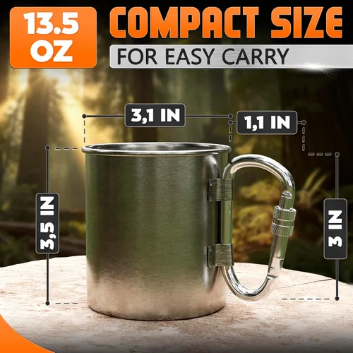 Vista 9 de Taza de camping de acero inoxidable con mosquetón, taza de lata de 13.5