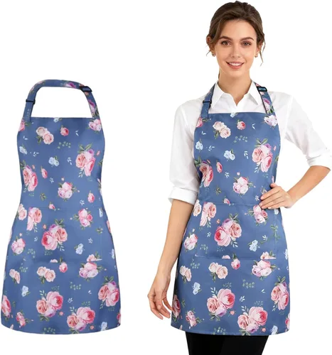 Vista 10 de Kitchen Apron, Double Sided Floral Adjustable Waterproof Apron with 2 Pockets for Baking, Salon, BBQ for Mom Wife