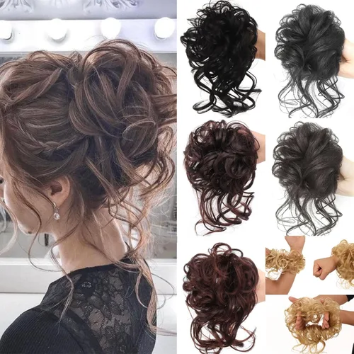 Vista 13 de Tousled Updo - Coleta de cola de caballo con banda elástica para el cabello, extensiones de cabello sintético corto ondulado rizado para mujeres