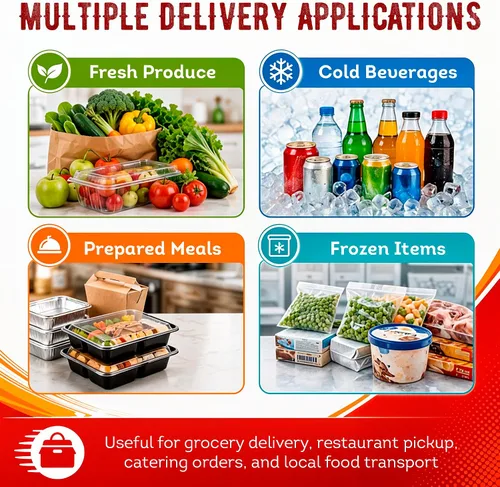 Vista 7 de APQ Supply Bolsa de entrega de alimentos aislada negra, bolsas de comestibles aisladas con cierre superior, bolsa de catering para entregas