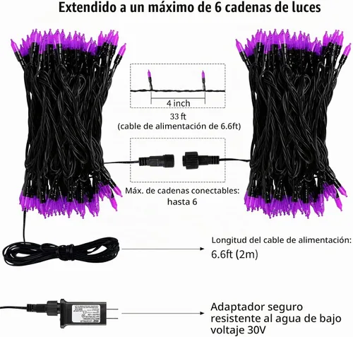 Vista 8 de Luces moradas de Halloween para exteriores, 33 pies, 100 luces LED impermeables de Navidad con 8 modos de iluminación, decoraciones de Halloween