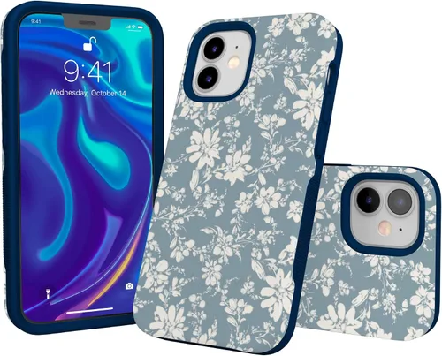 Vista 3 de Casely Funda para iPhone 12 Mini Té de la tarde Floral azul Diseño protector audaz Compatible con MagSafe