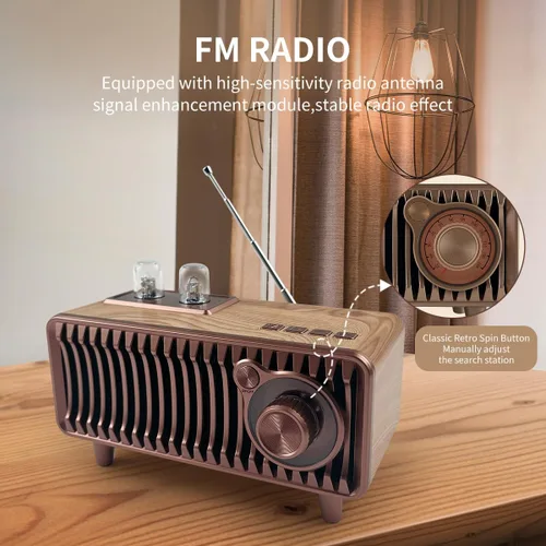 Vista 2 de CYBORIS Altavoz Bluetooth retro, radio vintage de madera natural Rotary FM Radio FM 20W altavoces duales estéreo, con disco U, tarjeta TF/función