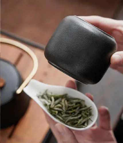Vista 3 de Carrito de té de cerámica negra, recipiente de té de cerámica tradicional para té suelto