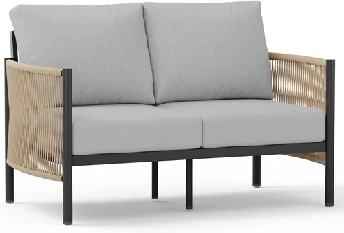 Vista 23 de Sofá de dos plazas de aluminio para patio exterior, sofá de patio de cuerda HDPE con cojín grueso lavable, muebles de patio para todo tipo de clima