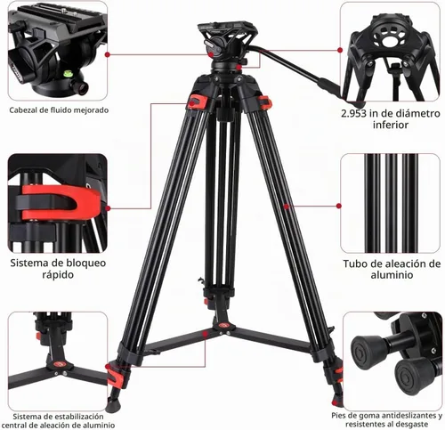 Vista 7 de COMAN Trípode de video de 74.4 pulgadas, trípode de cámara resistente con cabezal fluido y aleación de aluminio, carga máxima de 17.6 lbs/8 kg
