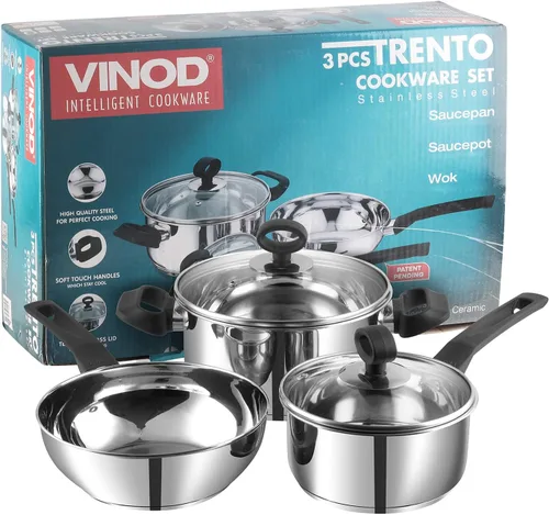 Vista 3 de Vinod Juego de utensilios de cocina Trento de acero inoxidable apto para inducción, 3 piezas, cacerola (6.3 in/1,5 litros), 1 cacerola