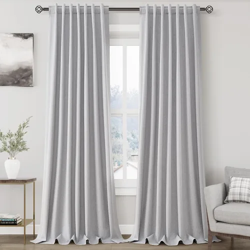 Vista 17 de Nanspring Cortinas de lino 100% opacas para dormitorio, 96 pulgadas de largo, con pestaña trasera, bolsillo para barra, aislamiento térmico, cortina