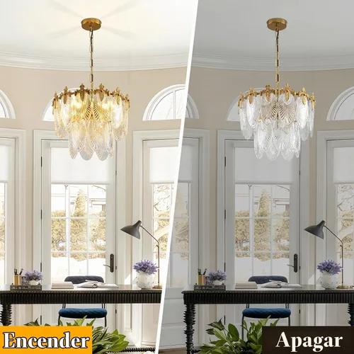 Vista 5 de Antique Chandeliers 2-Layer Gold Crystal Glass Chandelier, 4-Light Round Pendant Light 17.7" Brushed Brass Adjustable Height, Applicable to Dining