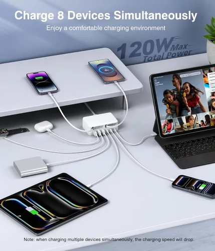 Vista 5 de Bloque de Carga USB C Retráctil 8-en-1 Mejorado, Hub de Estación de Carga Múltiple GaN de 120W con Cable Lightning y Tipo C, Enchufe de Tira