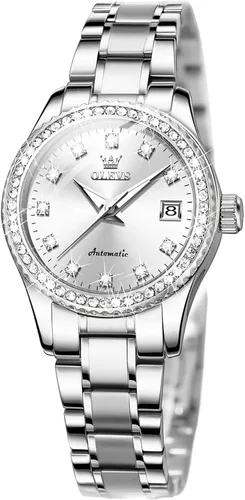 Vista 6 de OLEVS - Reloj automático para mujer de oro, lujo con diamante, de cuerda automática, relojes de pulsera para damas impermeables, luminosos, con fecha