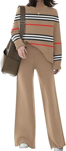 Vista 10 de ETCYY NEW Conjunto elegante de ropa de descanso para mujer, conjunto de sudadera de punto de 2 piezas con suéter y pantalones deportivos de pierna