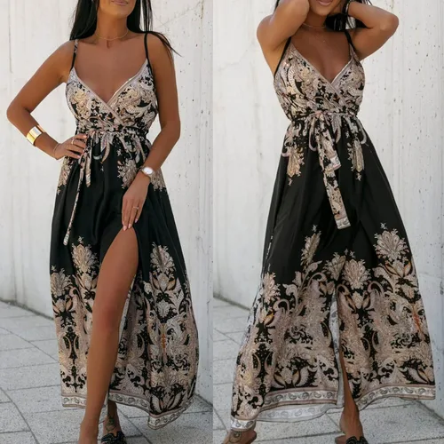 Vista 2 de Vestido largo bohemio con estampado floral para mujer, con tirantes delgados, cuello en V, lazo en la cintura, fiesta en la playa, vestido largo