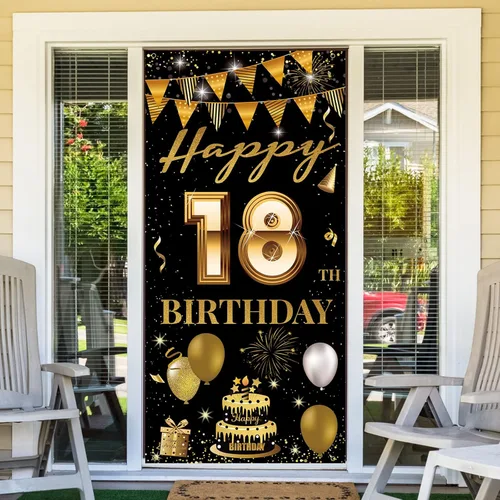 Vista 6 de Cartel de puerta de fiesta de cumpleaños número 18, decoración de feliz cumpleaños 18 para niñas y niños, telón de fondo negro dorado para fotos