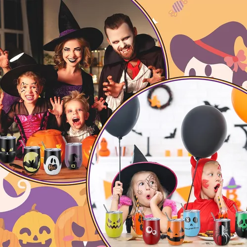 Vista 4 de Roshtia 10 vasos de Halloween de 12 onzas, regalos con popote y tapa, calabaza, gato, fantasma, bruja, Halloween, suministros de fiesta