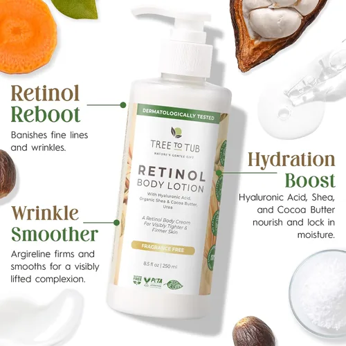 Vista 5 de Tree To Tub Loción corporal Retinol - Crema corporal hidratante, crema reafirmante avanzada con ácido hialurónico y manteca de karité, loción