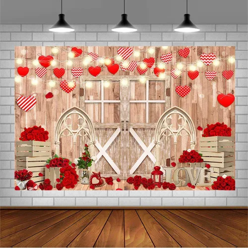 Vista 3 de AIBIIN Telón de fondo para el día de San Valentín de 7 x 5 pies para fotografía, puerta de pared de madera rústica, telón de fondo de San Valentín
