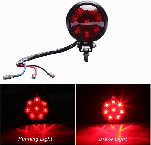 Vista 3 de Lámpara trasera de motocicleta LED estilo Bates con soporte para matrícula, luz de freno tipo bala, compatible con Cafe Racer, Bobber, Chopper, Rojo