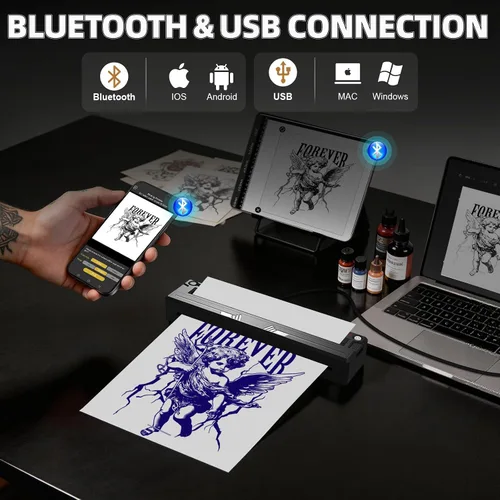 Vista 6 de Nueva impresora de plantillas de tatuajes, kit térmico inalámbrico Bluetooth con 10 papeles de transferencia, se adapta a papel térmico