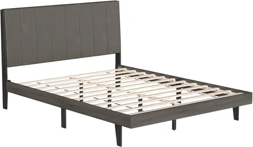 Vista 9 de Giantex Base de cama tapizada, soporte de listones de madera, base de colchón Queen con cabecera copetuda, cama de plataforma con patas de madera