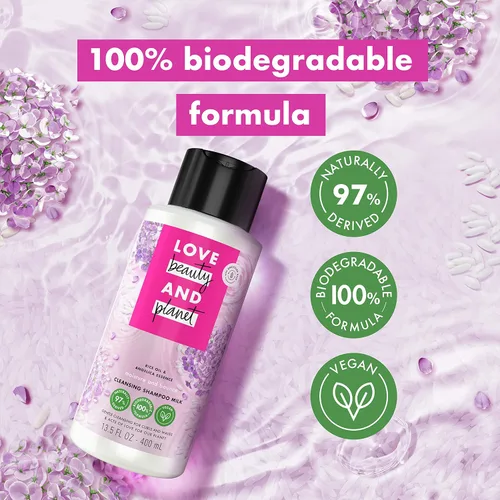 Vista 3 de Love Beauty and Planet Champú Leche Humedad y rebote para ondas y rizos Aceite de arroz y esencia de angélica Champú 100 por ciento biodegradable
