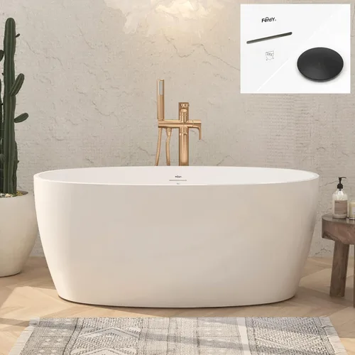 Vista 21 de FerdY Tahití - Bañera de acrílico independiente de 55 pulgadas, elegante bañera de remojo de forma ovalada, blanco brillante, drenaje dorado