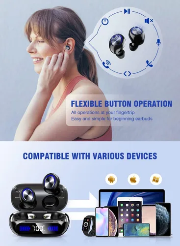 Vista 5 de Auriculares inalámbricos de 200 horas de reproducción Bluetooth, IPX7 impermeable, con cancelación de ruido, pantalla LED de alimentación con funda
