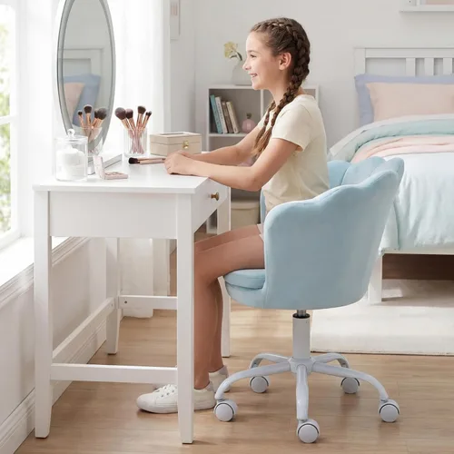 Vista 7 de Silla de escritorio de terciopelo para niños, bonita silla de computadora moderna tapizada, con brazo giratorio, silla de tocador ajustable