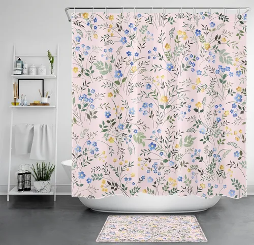 Vista 12 de LB Cortina de Ducha Decorativa de Flores Silvestres del Campo, Flores Azules y Amarillas con Planta de Hojas Verdes sobre Beige, Cortina de Ducha