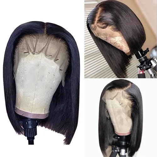 Vista 21 de Peluca de cabello humano rubio estilo Bob de 13 x 4 con encaje frontal, peluca Bob de 10 pulgadas 613 Lace Front Wig Human Hair Pre Plucked With