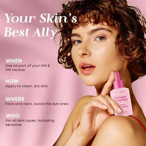 Vista 5 de Glow Elixir Suero facial de colágeno y péptidos, suero reafirmante y antiarrugas para reparación de la piel, líneas finas y tratamiento de arrugas