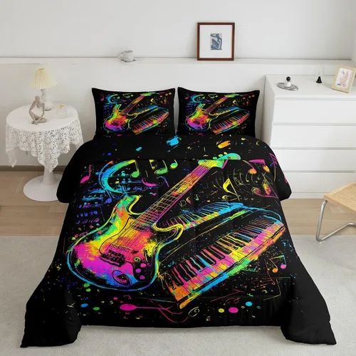 Vista 9 de Castle Fairy Juego de edredón de botas de vaquero, tamaño individual, juego de ropa de cama bohemio con guitarra musical para niños y niños